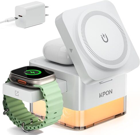 Kpon for iPhone Nightstand Charging Station ، 15W 3 in 1 Starger Starge مع مصباح ليلي ، طي قابلة للطي Magsafe Dock لـ iPhone 16 15 14 13 12 12 سلسلة/Apple Watch/Airpods/Samsung Phone in Kuwait