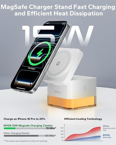 Kpon for iPhone Nightstand Charging Station ، 15W 3 in 1 Starger Starge مع مصباح ليلي ، طي قابلة للطي Magsafe Dock لـ iPhone 16 15 14 13 12 12 سلسلة/Apple Watch/Airpods/Samsung Phone in Kuwait
