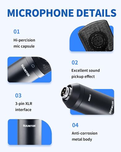 XLR مكثف ميكروفون تسجيل الميكروفون للكمبيوتر كمبيوتر استوديو Home Studio Cardioid Podcast Mic Kit للبث ، ASMR ، YouTube ، الصوت ، الألعاب ، الصوتية (الفضة) in Saudi Arabia