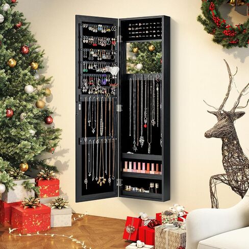 Giantex Jewelry Armoire Cabinet Wall Door Mounted with Full Length Mirror, Jewelry Organizer with Makeup Mirror, Ring Earring Slots, Necklace Hooks, Large Capacity Storage Jewelry Armoire (White) in Saudi Arabia