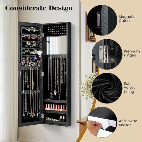 Giantex Jewelry Armoire Cabinet Wall Door Mounted with Full Length Mirror, Jewelry Organizer with Makeup Mirror, Ring Earring Slots, Necklace Hooks, Large Capacity Storage Jewelry Armoire (White) in Saudi Arabia