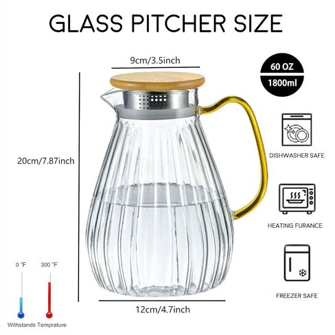 68 oz/2 Liter Glass Pitcher with Lid, Modern Vertical Stripes Iced Tea Pitcher, Glass Water Pitcher for Cold Brew Coffee,Hot Water, Milk in Saudi Arabia