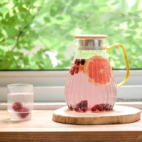 68 oz/2 Liter Glass Pitcher with Lid, Modern Vertical Stripes Iced Tea Pitcher, Glass Water Pitcher for Cold Brew Coffee,Hot Water, Milk in Saudi Arabia