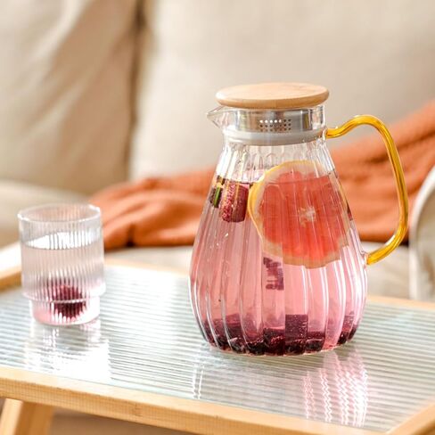 68 oz/2 Liter Glass Pitcher with Lid, Modern Vertical Stripes Iced Tea Pitcher, Glass Water Pitcher for Cold Brew Coffee,Hot Water, Milk in Saudi Arabia