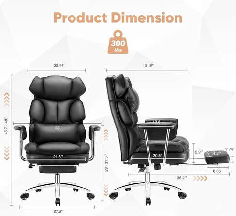 Sweetcrispy Executive Home Office Desk Chair Ergonomic Big Tall High Back with Footrest & Lumbar Support, Reclining Height Adjustable Comfy PU Leather Computer Gaming with Swivel Wheels, Black in Kuwait