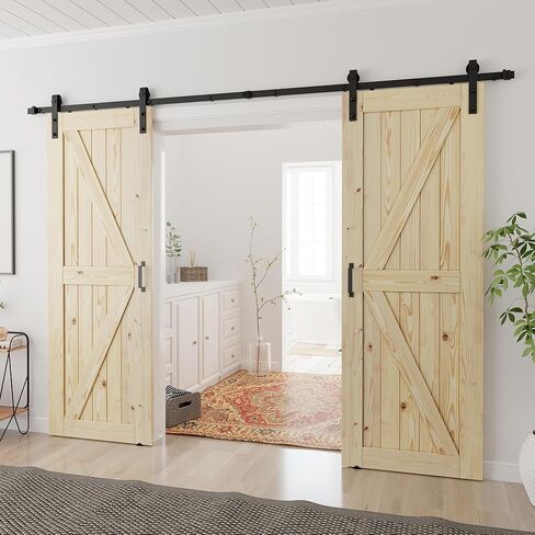 SmartStandard 30 × 84 بوصة باب الحظيرة مزدوجة مع مجموعة أجهزة باب الحظيرة المنزلق 10 أقدام ، و الخشب الصلب غير المكتمل ، وتجميع بسيط ، دعم DIY in Kuwait