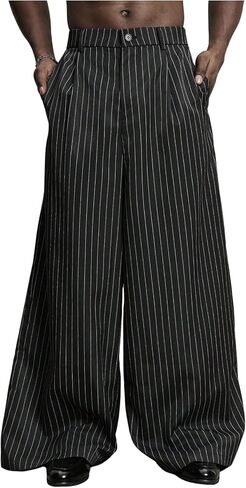 GORGLITTER Men's Baggy Casual Pleated Striped Dress Pants 2025 Wide Leg Trousers with Pockets in Saudi Arabia