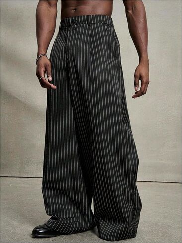 GORGLITTER Men's Baggy Casual Pleated Striped Dress Pants 2025 Wide Leg Trousers with Pockets in Saudi Arabia