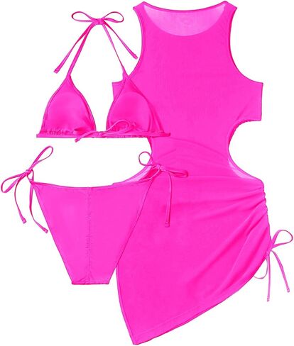 Pinup Fashion Three Piece Swimsuits Women Purple Colorful Halter Bathing Suit with Beach Mesh Cover Up Set S-XL in Kuwait