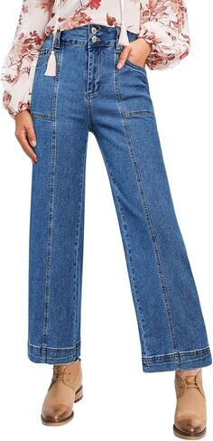 Astylish Womens High Waisted Wide Leg Jeans Cropped Straight Leg Denim Pants in Kuwait