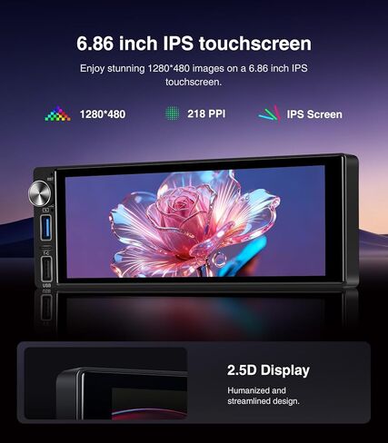 6.9-Inch Single Din Touchscreen Car Stereo - Android 2GB+64GB Type-C&USB Single Din Wired/Wireless Carplay Android Auto,1080P HD GPS Navigation Handsfree Calling WiFi, Mirror Link/SWC/FM/BT/Knob in Kuwait