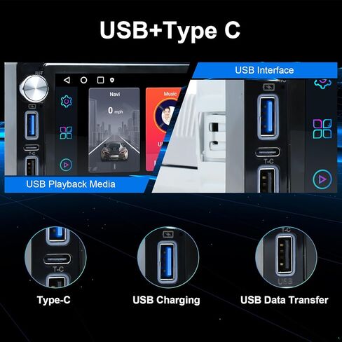 6.9-Inch Single Din Touchscreen Car Stereo - Android 2GB+64GB Type-C&USB Single Din Wired/Wireless Carplay Android Auto,1080P HD GPS Navigation Handsfree Calling WiFi, Mirror Link/SWC/FM/BT/Knob in Kuwait