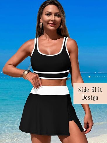Women's High Waisted Bikini Sets Tummy Control Swim Skirt Two Piece Swim Suit Tummy Control Color Block Bathing Suit in Saudi Arabia