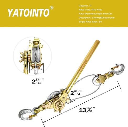 Come Along 3 Ton Cable Winch Puller Double Rope 10 Ft Heavy Duty Hand Puller 6600LB with 2 Hooks Cable Ratchet Puller W/Double Metal Gear for Lifting Pulling in Kuwait