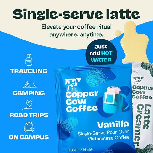 Copper Cow Premium Vietnamese Coffee | الكلاسيكية ، الفانيليا ، الكراميل المملحة لاتيه | صب فوق خدمة واحدة | يشمل 15 قهوة و 15 كريمات in Saudi Arabia
