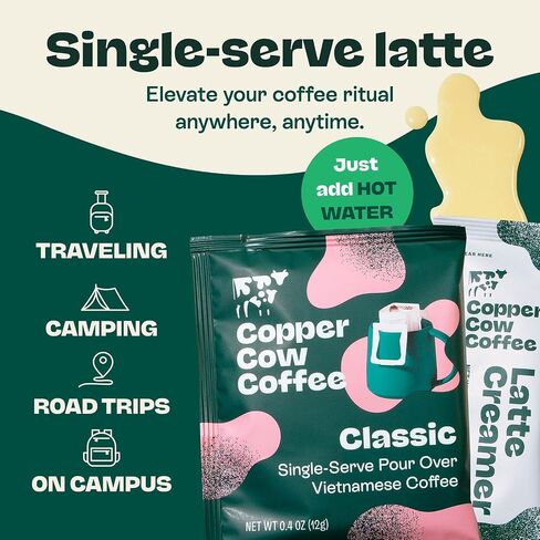 Copper Cow Premium Vietnamese Coffee | الكلاسيكية ، الفانيليا ، الكراميل المملحة لاتيه | صب فوق خدمة واحدة | يشمل 15 قهوة و 15 كريمات in Saudi Arabia