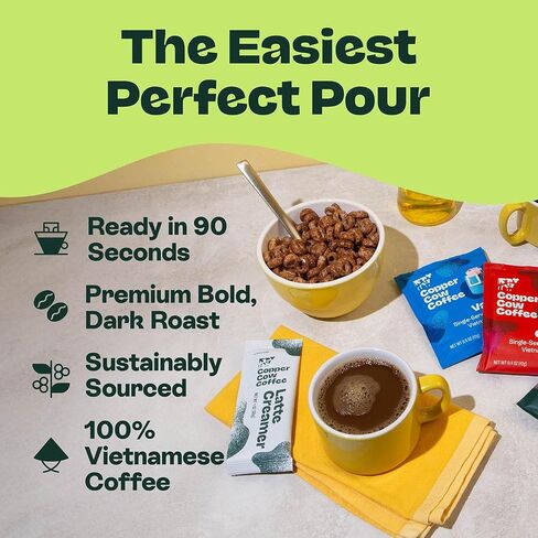 Copper Cow Premium Vietnamese Coffee | الكلاسيكية ، الفانيليا ، الكراميل المملحة لاتيه | صب فوق خدمة واحدة | يشمل 15 قهوة و 15 كريمات in Saudi Arabia