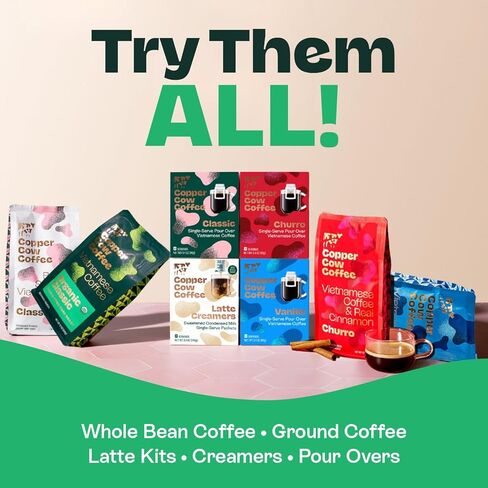 Copper Cow Premium Vietnamese Coffee | الكلاسيكية ، الفانيليا ، الكراميل المملحة لاتيه | صب فوق خدمة واحدة | يشمل 15 قهوة و 15 كريمات in Saudi Arabia