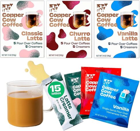 Copper Cow Premium Vietnamese Coffee | الكلاسيكية ، الفانيليا ، الكراميل المملحة لاتيه | صب فوق خدمة واحدة | يشمل 15 قهوة و 15 كريمات in Saudi Arabia