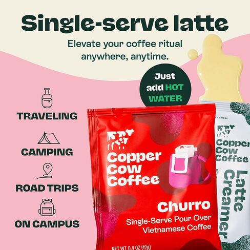 Copper Cow Premium Vietnamese Coffee | الكلاسيكية ، الفانيليا ، الكراميل المملحة لاتيه | صب فوق خدمة واحدة | يشمل 15 قهوة و 15 كريمات in Saudi Arabia