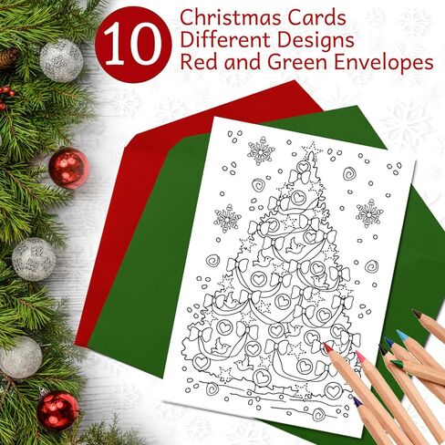 بطاقات تلوين عيد الميلاد من Art Eclect للبالغين، 10 بطاقات فريدة، 5 مظاريف حمراء و5 خضراء (عيد الميلاد F1/10) in Kuwait