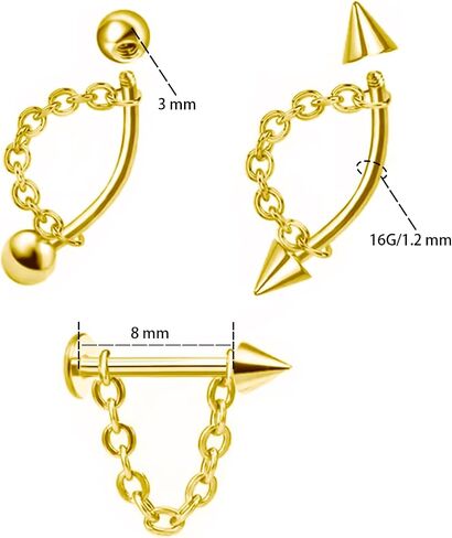 5 Pcs Vertical Labret Lip Piercing Jewelry 316L Stainless Steel 16G Tragus Helix Rook Piercing Jewelry with Chain Cartilage Earrings for Women Men in Kuwait
