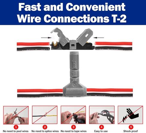 T-Type Wire Connector [T-1] NO Need to Peel NO-Splice NO-Tape and Water Resistant Easy Fast and Safe Electrical Insulated Wire Terminals AGW 23~20(0.3-0.5 sqmm) 3A [10 PCS] in Saudi Arabia