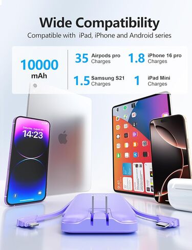 Portable Charger Power Bank with Built-in Cable & AC Plug, 10000mAh Fast USB-C Charger, Slim Mini Battery for iPhone 16/15/14/13/Pro/Max & All USB-C Devices in Kuwait