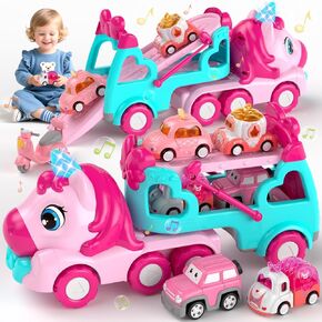 7 in 1 Carrier Truck Cars for Toddlers Girl Toys, Unicorn Gifts for Girl Toys for 1 2 3 Year Old Girl, Toddler Princess Girl Toys Age 1-3 2-4, Girl Car Toys with Light & Music, Toy Car for Girls in Kuwait