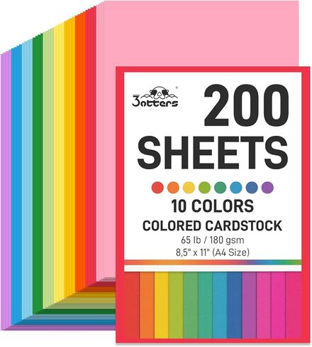 3 otters 200 Sheets Colored Card Stock, 180 GSM 10 Colors Construction Paper for Scrapbook, School Office Supplies in Kuwait