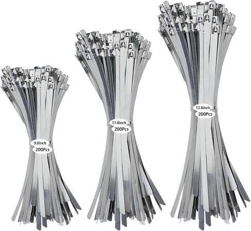 600pcs zip zip inies متجملة الحجم 7.8+9.8+11.8 بوصة 304 روابط zip الفولاذ المقاوم للصدأ قفل ذاتي 220 رطل قوة الشد القابلة للتعديل لعلاقات الكابلات في الهواء الطلق في الهواء in Kuwait