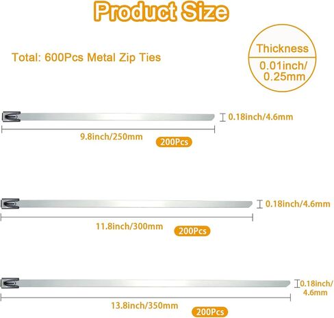 600pcs zip zip inies متجملة الحجم 7.8+9.8+11.8 بوصة 304 روابط zip الفولاذ المقاوم للصدأ قفل ذاتي 220 رطل قوة الشد القابلة للتعديل لعلاقات الكابلات في الهواء الطلق في الهواء in Kuwait