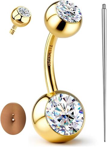 Moissanite ＆ G23 TItanium Belly Button Ring 18K Gold Plated Hypoallergenic Internally Threaded Belly Rings 14G Navel Piercing Jewelry For Women Men D Color VVS1 Clarity Brilliant Cut in Saudi Arabia