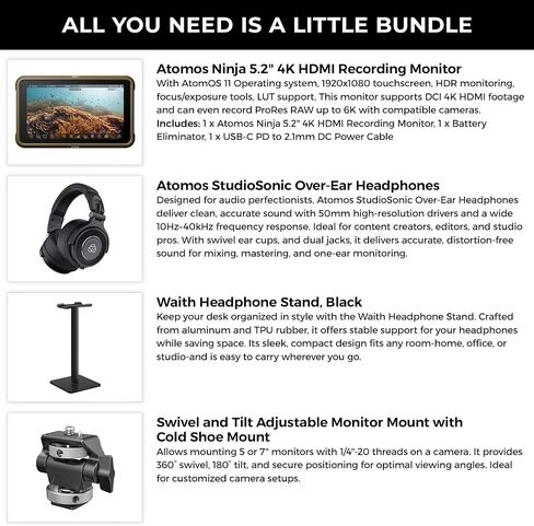 Atomos Ninja 5.2" Touchscreen Display 4K HDMI Recording Monitor with Waith Power Battery + Charger Combo (NP-F750), SmallRig Swivel and Tilt Adjustable Monitor Mount Bundle Set in Saudi Arabia