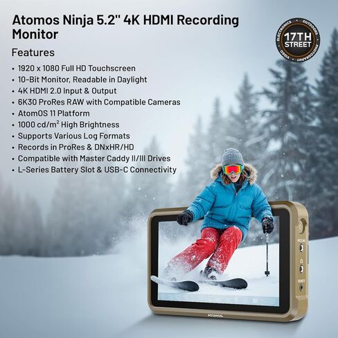 Atomos Ninja 5.2" Touchscreen Display 4K HDMI Recording Monitor with Waith Power Battery + Charger Combo (NP-F750), SmallRig Swivel and Tilt Adjustable Monitor Mount Bundle Set in Saudi Arabia