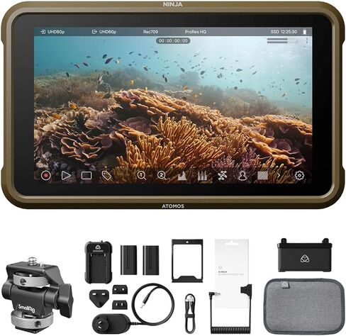Atomos Ninja 5.2" Touchscreen Display 4K HDMI Recording Monitor with Waith Power Battery + Charger Combo (NP-F750), SmallRig Swivel and Tilt Adjustable Monitor Mount Bundle Set in Saudi Arabia