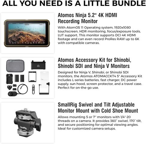 Atomos Ninja 5.2" Touchscreen Display 4K HDMI Recording Monitor with Waith Power Battery + Charger Combo (NP-F750), SmallRig Swivel and Tilt Adjustable Monitor Mount Bundle Set in Saudi Arabia