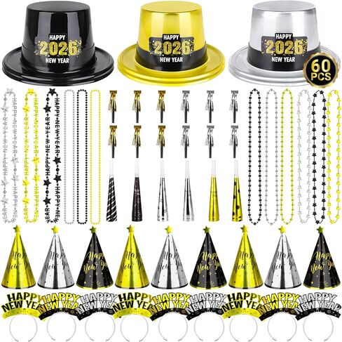 30PCS NYE Party Supplies, New Years Eve Party Favors 12 Guests, Plastic New Years Party Hats, 2025 NYE Headband Gold Silver Black Foil Blowouts Star Cone Hat Party Horns New Years Necklace Gathering in Saudi Arabia