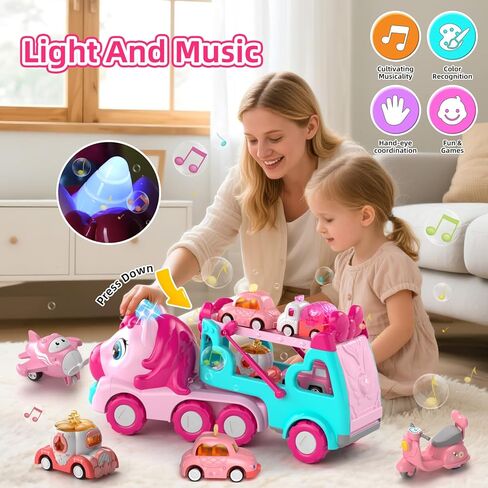 7 in 1 Carrier Truck Cars for Toddlers Girl Toys, Unicorn Gifts for Girl Toys for 1 2 3 Year Old Girl, Toddler Princess Girl Toys Age 1-3 2-4, Girl Car Toys with Light & Music, Toy Car for Girls in Kuwait