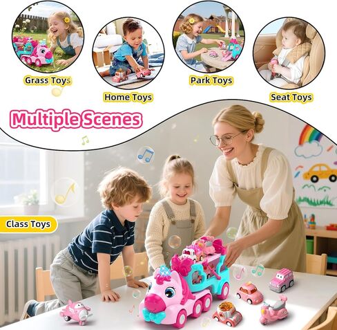 7 in 1 Carrier Truck Cars for Toddlers Girl Toys, Unicorn Gifts for Girl Toys for 1 2 3 Year Old Girl, Toddler Princess Girl Toys Age 1-3 2-4, Girl Car Toys with Light & Music, Toy Car for Girls in Kuwait