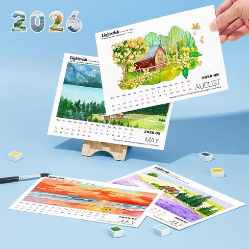 Lightwish Watercolor Calendar Set for 2025, 100% Cotton, 12 Sheets, 140lb (300gsm), Acid-Free Cold Pressed Watercolor Paper Bulk, Art Supplies for Watercolor Crafts and DIY Media in Kuwait