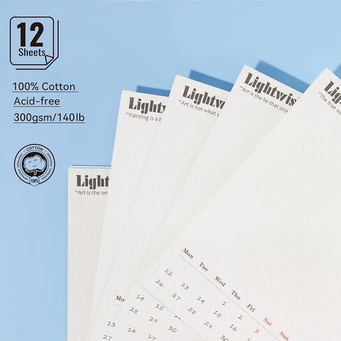 Lightwish Watercolor Calendar Set for 2025, 100% Cotton, 12 Sheets, 140lb (300gsm), Acid-Free Cold Pressed Watercolor Paper Bulk, Art Supplies for Watercolor Crafts and DIY Media in Kuwait