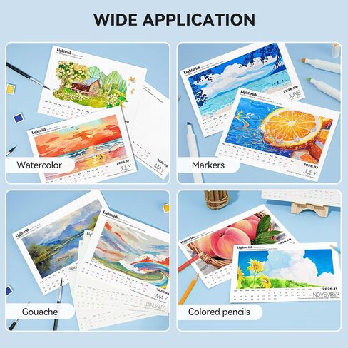Lightwish Watercolor Calendar Set for 2025, 100% Cotton, 12 Sheets, 140lb (300gsm), Acid-Free Cold Pressed Watercolor Paper Bulk, Art Supplies for Watercolor Crafts and DIY Media in Kuwait