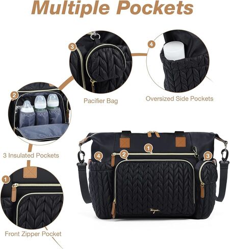 Diaper Bag Tote, Large Diaper Bags Waterproof, Hospital Bag for Labor Delivery, Baby Bag with Pacifier Case, Travel Diaper Tote with Changing Pad, Black in Saudi Arabia