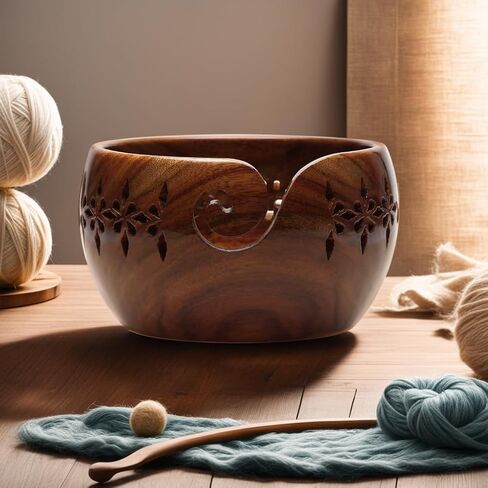 Wooden Yarn Bowl for Crocheting - Crochet Yarn Bowl Holder (7x4) - Handmade Blue Yarn Bowl – Large Knitting Wood Bowl - Crafting Gifts for Women, Gifts for Moms, Birthday in Saudi Arabia
