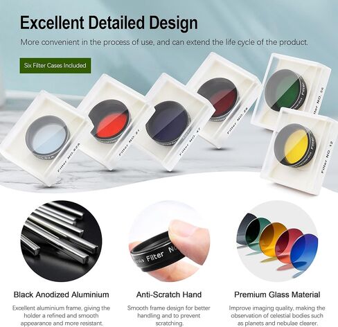 Astromania 1.25-Inch Telescope Eyepiece Filter Set(6 Pieces), Variable Grey Polarizing Filter, 5 Planetary Color Filters - Enhance Lunar Planetary Observation - Reduce Light Pollution in Kuwait
