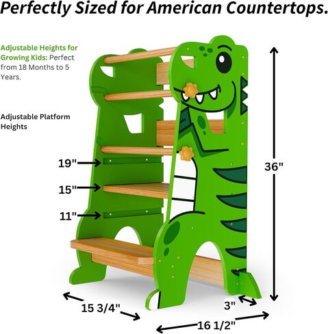 Toddler Tower Adjustable Trex Dino Toddler Step Stool- Safe Standing Toddler Kitchen Tower Helper for Learning- Original Patented Design with CPC for Kids - Perfect for The Kitchen & Bathroom - Green in Saudi Arabia