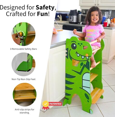 Toddler Tower Adjustable Trex Dino Toddler Step Stool- Safe Standing Toddler Kitchen Tower Helper for Learning- Original Patented Design with CPC for Kids - Perfect for The Kitchen & Bathroom - Green in Saudi Arabia