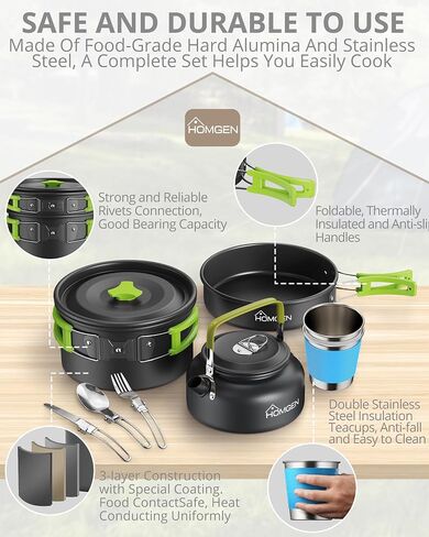 HOMGEN Camping Cooking Set Camping Pots and Pans Set Aluminium Camping Cookware Kit Protable Cooking Mess Kit Lightweight Camping Cooking Equipment for 2-3 People Perfect for Camping Picnic Hiking etc in Saudi Arabia
