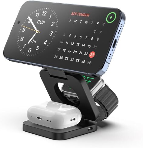 الشاحن اللاسلكي لـ iPhone ، KU XIU 3 في محطة شحن السفر لـ iPhone 16/15/14/13/12 ، شاحن قابلة للطي 5W لـ Apple Watch10/9/7/6/5/4/3/3/SE ، من أجل AirPods 4/3/2/PRO in Kuwait